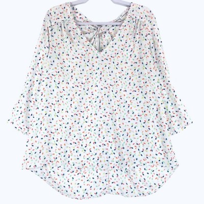 Cache Cache Women's L Keyhole Blouse White Poly Roll Tab 3/4 Sleeve Pullover