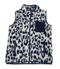 Vineyard Vines Vest White Blue Leopard Print Sherpa Media Pocket Girl Sz XL 16