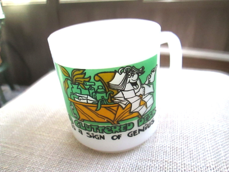 Glasbake Milk Glass Coffee Cup_ A Cluttered Desk is a Sign of Genius USA Vintage