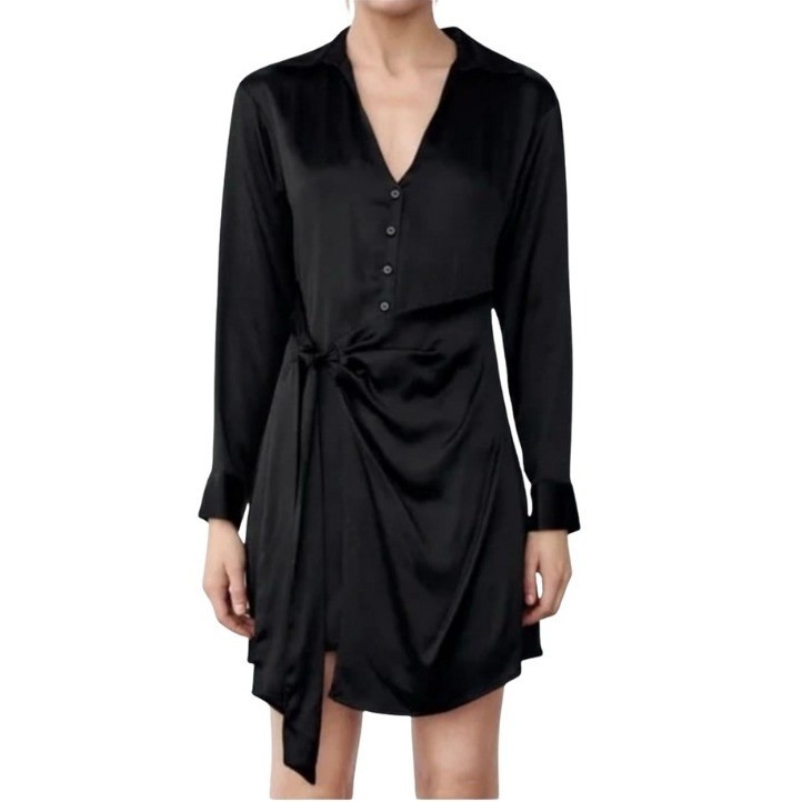 ZARA Black Satin Wrap Shirt Dress Tie Waist Long Sleeve Sz M Minimal Parisian
