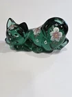 FENTON ART GLASS GREEN SNEAKY CAT / KITTEN HAND PAINTED by S Smith