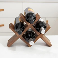 Walnut Wood Wine Storage Rack Countertop 4 Bottle Free Standing Shelf Organizer