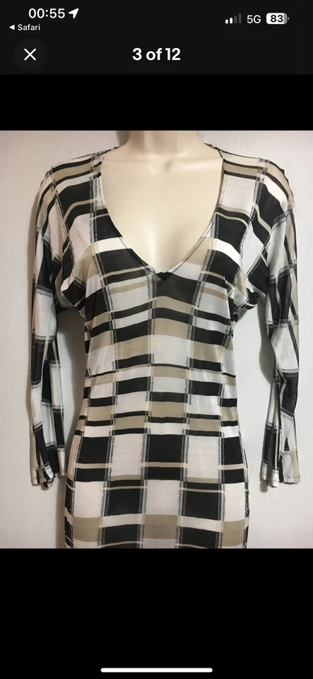 Vestido recto transparente ELSPETH GIBSON Y2K jersey fino de nailon a cuadros OpArt Reino Unido 6 Xs Foto 3 de 4