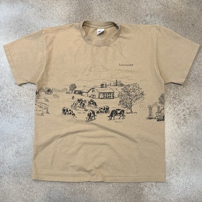 Vintage 90s Vermont Farmland Tee Shirt XL Tan Cow Farm Travel Nature 1990s Anvil