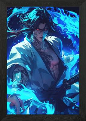 Blaue Flamme Samurai gerahmtes Wandbild Poster Leinwanddruck Bild
