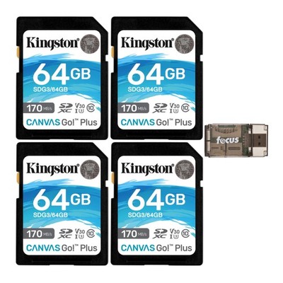 Kingston 64GB SDXC Canvas Go Plus 170MBs Read Memory Card 4 Pack Card Reader