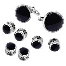 -Mens Cufflinks and Studs Set Tuxedo Formal Kit Shirts Business Wedding Black 