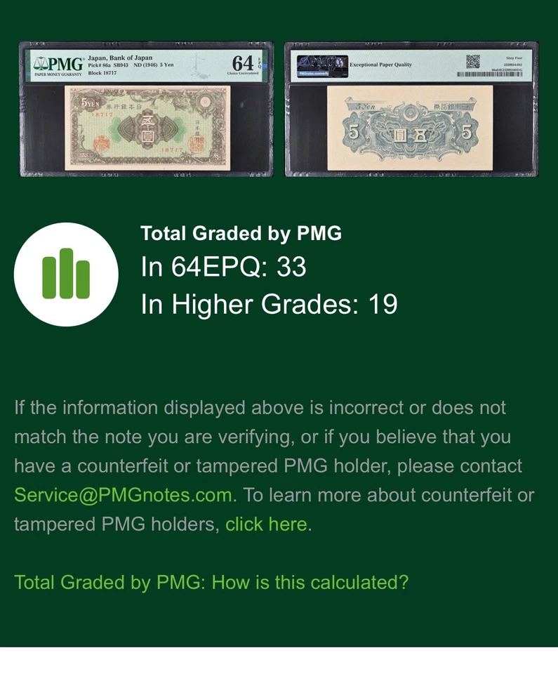 1946 Japan Bank of Japan 5 Yen Pick#86a PMG 64 EPQ Choice UNC - Image 3 of 3