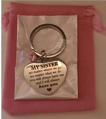 My Sister Heart with pink jem stone Keyring with pink gift bag New