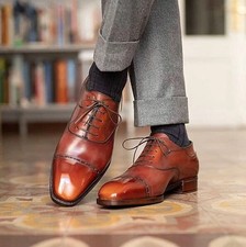 Handmade Men's Tan Color Leather Oxford Cap-Toe Lace Up Top Fashion Wear Shoes