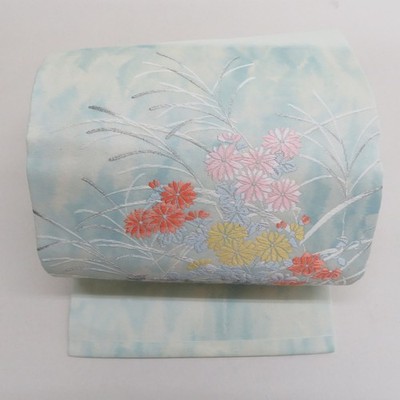 Japanese Kimono Nagoya Obi Silk autumn floral pattern Blue 144.5inch Women's