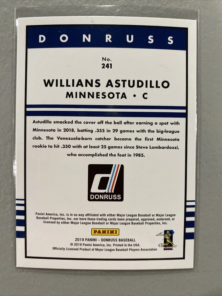 Willians Astudillo Rookie Card Purple Holo 2019 Panini Donruss Baseball Card - Image 2 of 2