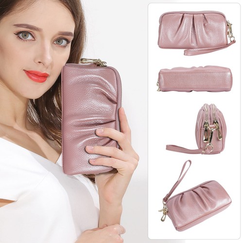 Genuine Leather Wristlet Wallet for Women Stylish Ruched Wristlet Clutch Purse - Picture 2 of 29
