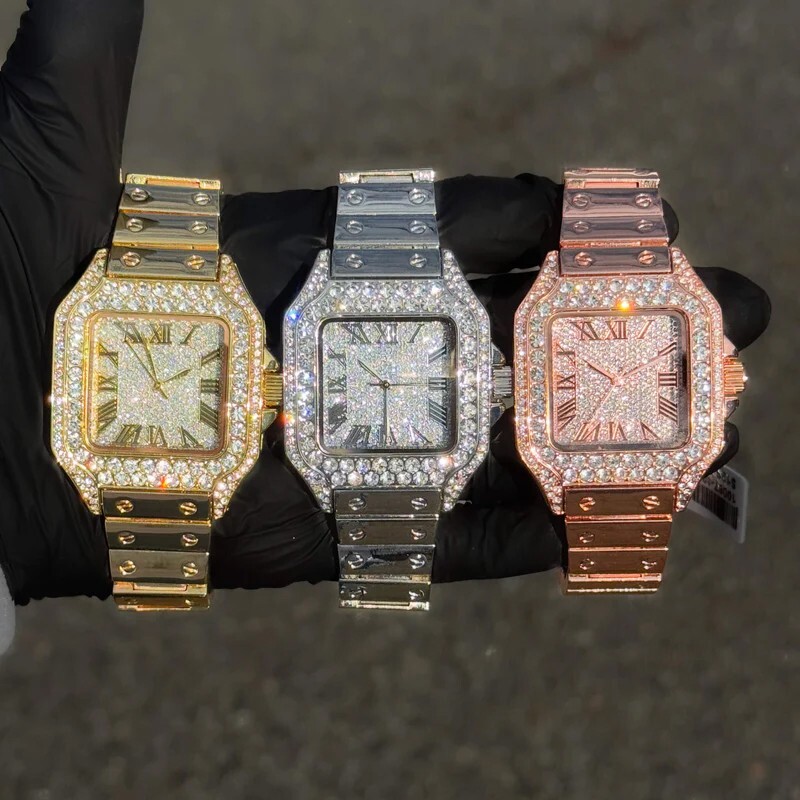 Men's Watch Square Analog Fully Iced Bezel & Metal Band Luxury Hip