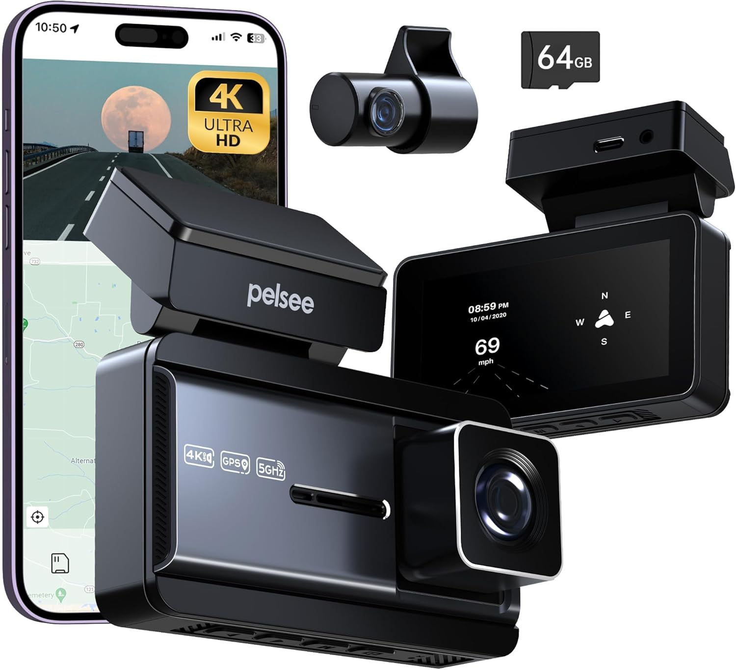 P3 4K Front and Rear Dash Cam with 64GB SD Card and Dual 4K+1080P Camera