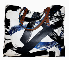Miss Albright Large Ivory & Black Coated Canvas & Blue Embroidery 13 X 15 Tote