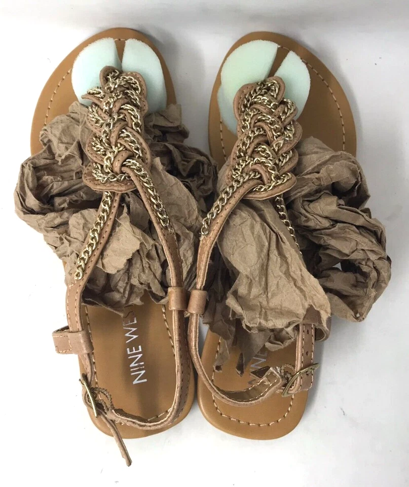 Chanclas cómodas de cuero planas doradas Nine West Promise para mujer talla:5 112M Foto 4 de 4