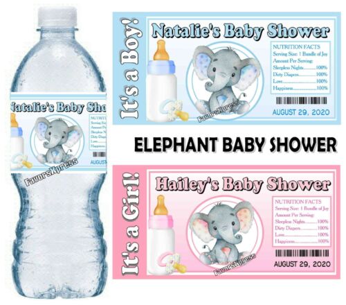 20 BLUE ELEPHANT OR PINK ELEPHANT BABY SHOWER FAVORS WATER BOTTLE LABELS GLOSSY - Picture 1 of 2