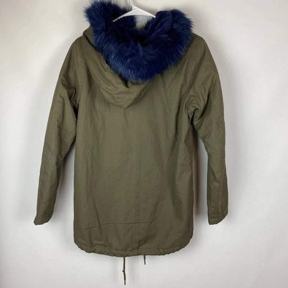 Jaqueta Brave Soul Parka Feminina Extra Pequena Verde Oliva Azul Com Capuz Pele Sintética - Imagem 4 de 4