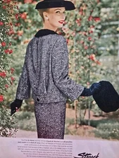 1956 Womens Harry Frechtel Stroock silk and wool fabric coat vintage fashion ad 