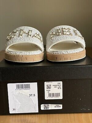 Authentic Chanel 21C White Tweed Chain Logo Mules Sandals Slides EU 37,5 US  7,5