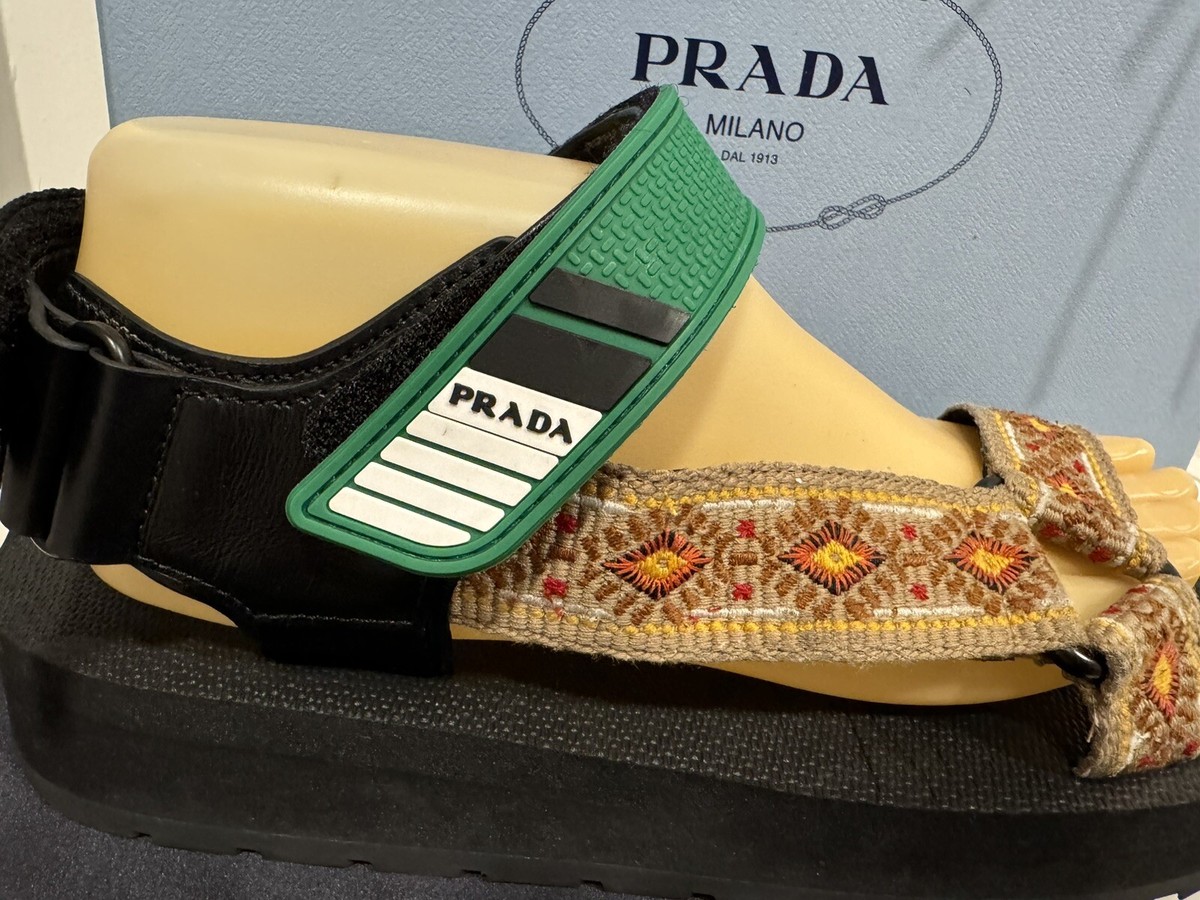 PRADA Nastro TEXTURED LOGO ANKLE STRAP PLATFORM SPORT SANDALS Sz