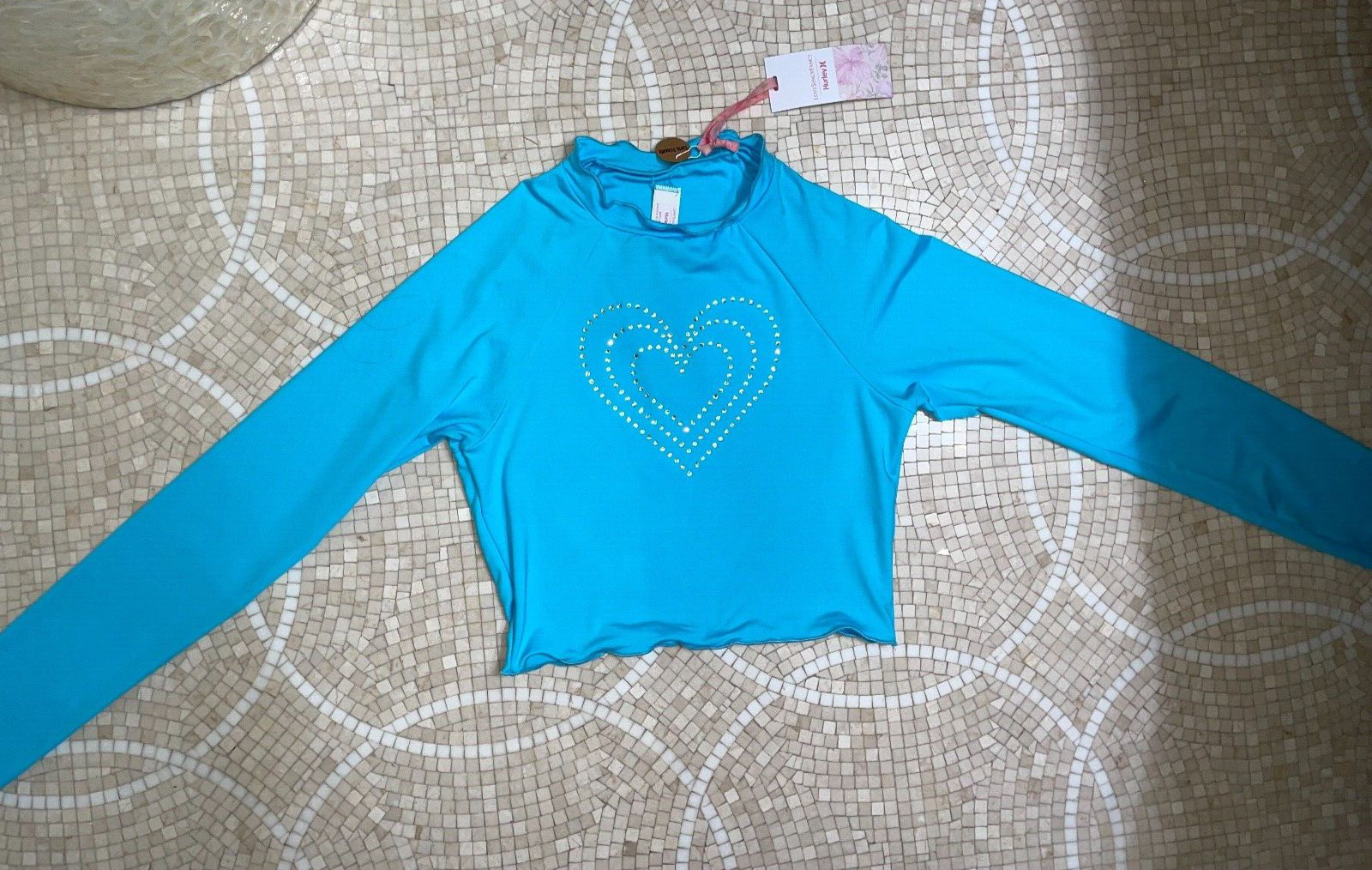 Hurley x LoveShackFancy Crystal Blue Crop Top Long Sleeve Rash Guard Womens M image 4