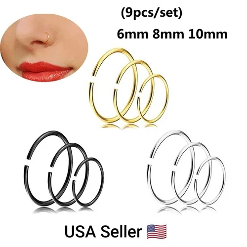 9Pcs Stainless Steel Body Jewelry Seamless Segment Rings Nose Hoops Ear Piercing