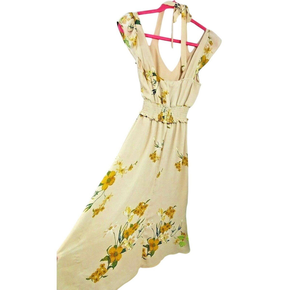 June & Hudson Romantic Midi Beige Nude Floral Dress Short Sleeves Size  Small S | eBay
