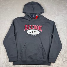 NWT Reebok Classic Men's L Long Sleeve Spellout Logo Pullover Hoodie Gray Pocket