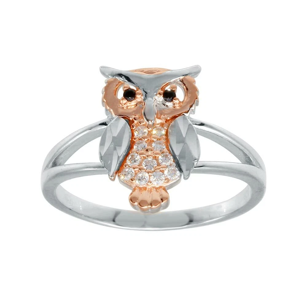 Sterling Silver Two Tone Owl CZ Stones Ladies Ring | eBay
