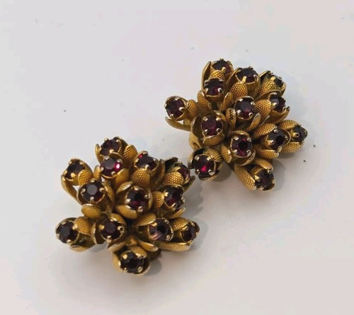 Vintage Rose Bud Clip On Earrings Flower Bud Rhinestones