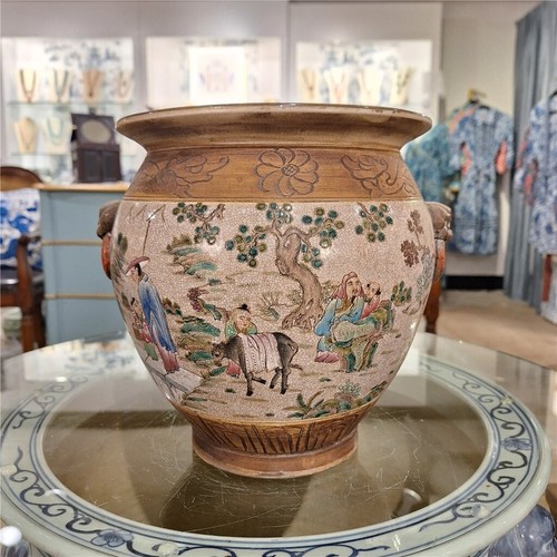 Antique Chinese Pastel Hand Painted Garden Plant Pot-10'' x 9.5''H