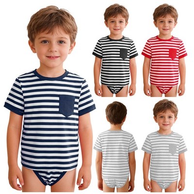 Unisex Kids Jumpsuit 2-in-1 T-shirt Style Bodysuit Romper Overalls Stripe Soft