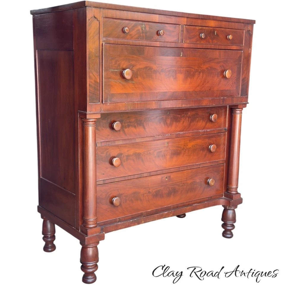Antique classical Cherry Mahogany Tiger maple butlers desk tall dresser 1830 - Image 2 of 4