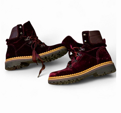 Sam Edelman Women s Burgundy Velvet Lace-Up Ankle Bootie Round Toe Block Heel