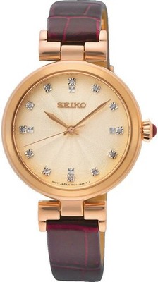 Seiko Damenuhr mit roségoldenem Zifferblatt & rotem Lederarmband SRZ548P1