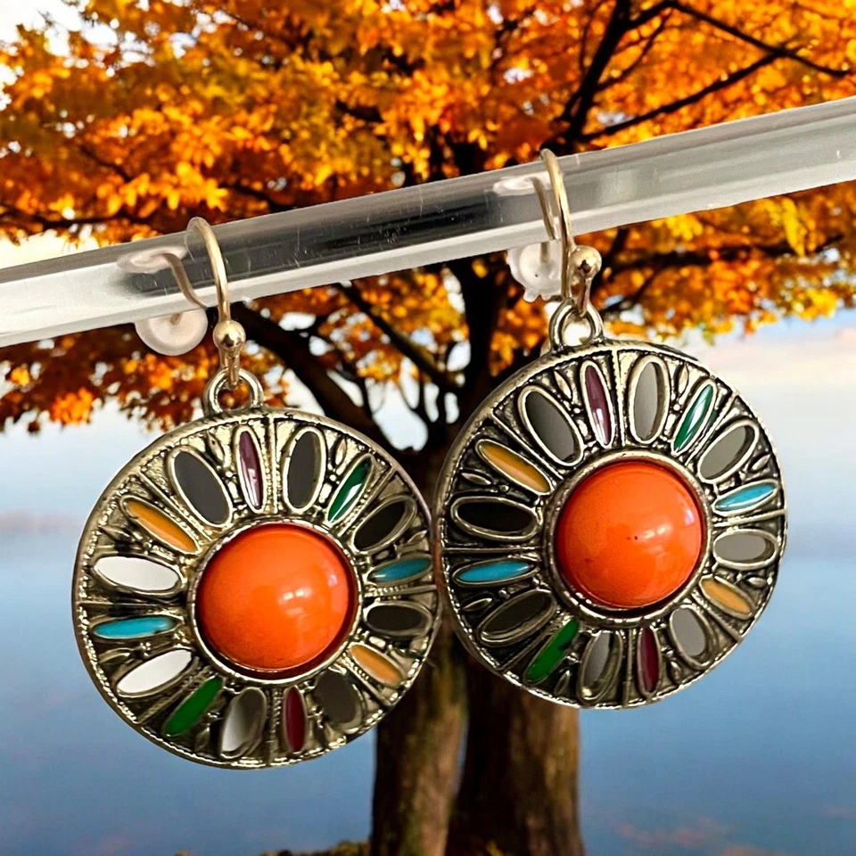 Wunderschöne Retro Boho Ohrringe Vintage Orange Bunt Ohrstecker Sommer Vintage - Bild 4 von 4