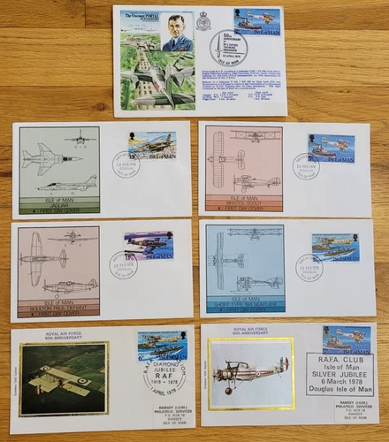 RAF Covers Isle Of Man 1978 - First Day, 50th & 60th Anniversary Covers Lot of 7