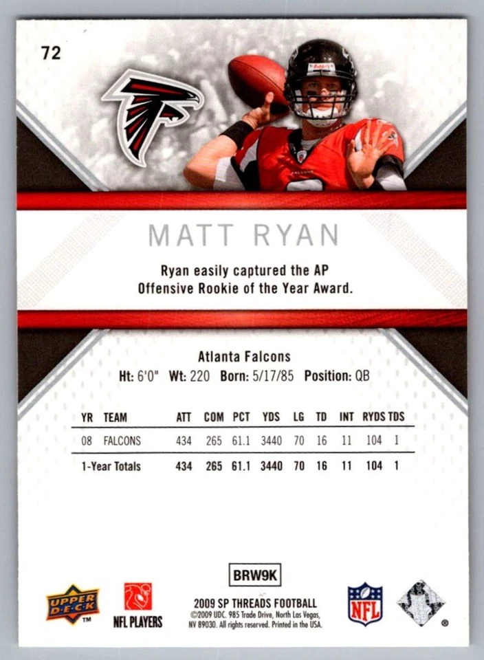 2009 Upper Deck SP Threads Matt Ryan Atlanta Falcons #72 - Image 2 of 2