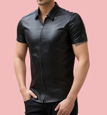 Men's Real Cow Soft Leather Black Shirt With Front Zip Up Short Sleeve Shirt