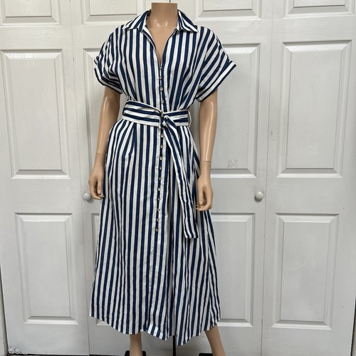 Zara Linin Blend Navy Striped Sailboat Dress Maxi Size L New - Picture 10 of 21