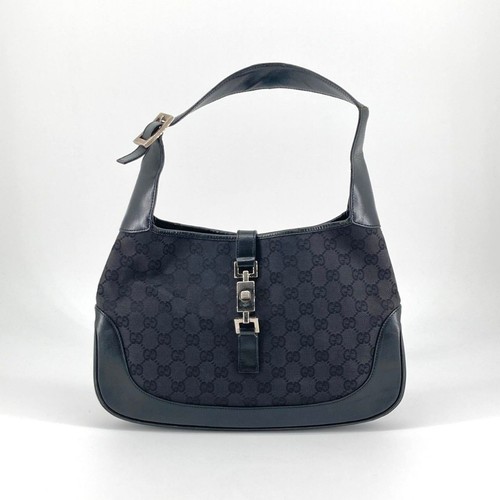 Gucci Jackie GG Canvas Handbag One Shoulder Tote Bag Black Silver Hardware