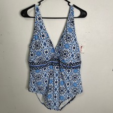 Jantzen NWT Blue White Geometric Print One Piece Swimsuit Surplice V-Neck 18