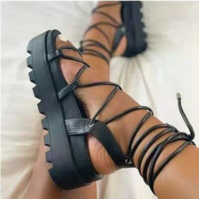 Damen-Sandalen flache Form Sommer Knöchelriemen klobig Plateau Riemchen Schnürschuhe