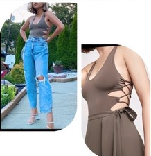 NWT BCBG MAXZARIA CHRISSY LACE UP CUT OUT TAN BODYSUIT SZ L