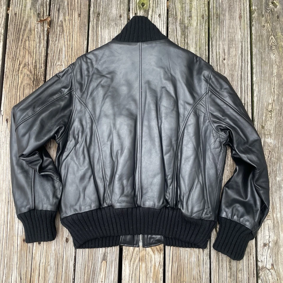 Chaqueta de bombardero de cuero vintage United Face NY para hombre motociclista XL motocicleta negra Foto 2 de 4