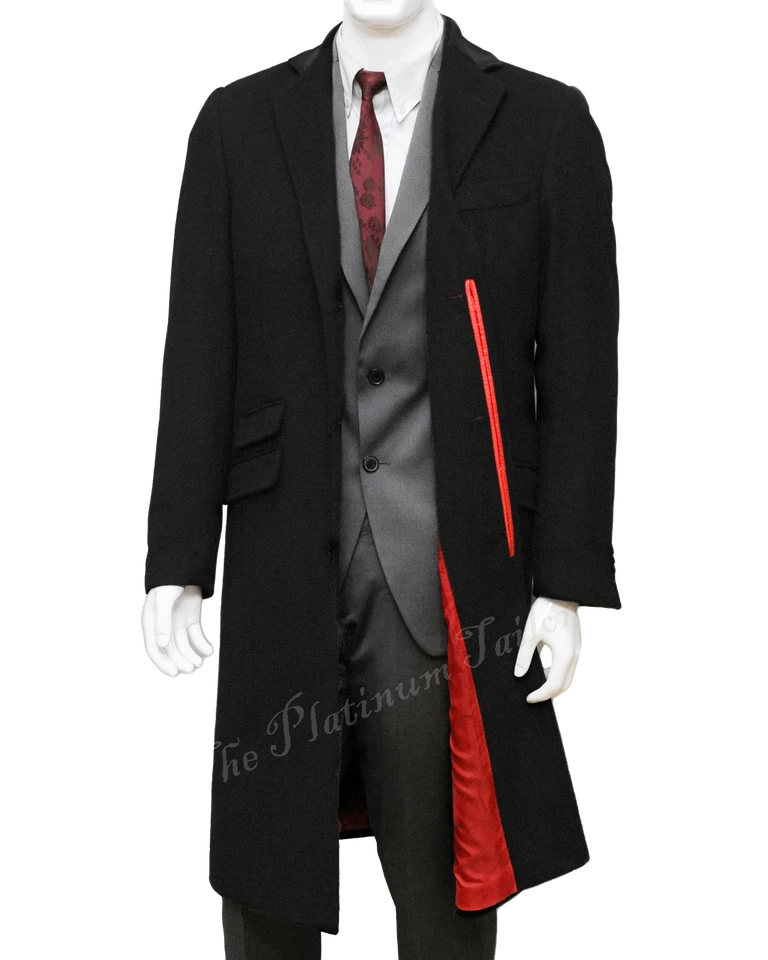 Mens Black Wool Long Covert Overcoat Warm Winter Mod Cashmere Coat Velvet Collar - Image 3 of 4