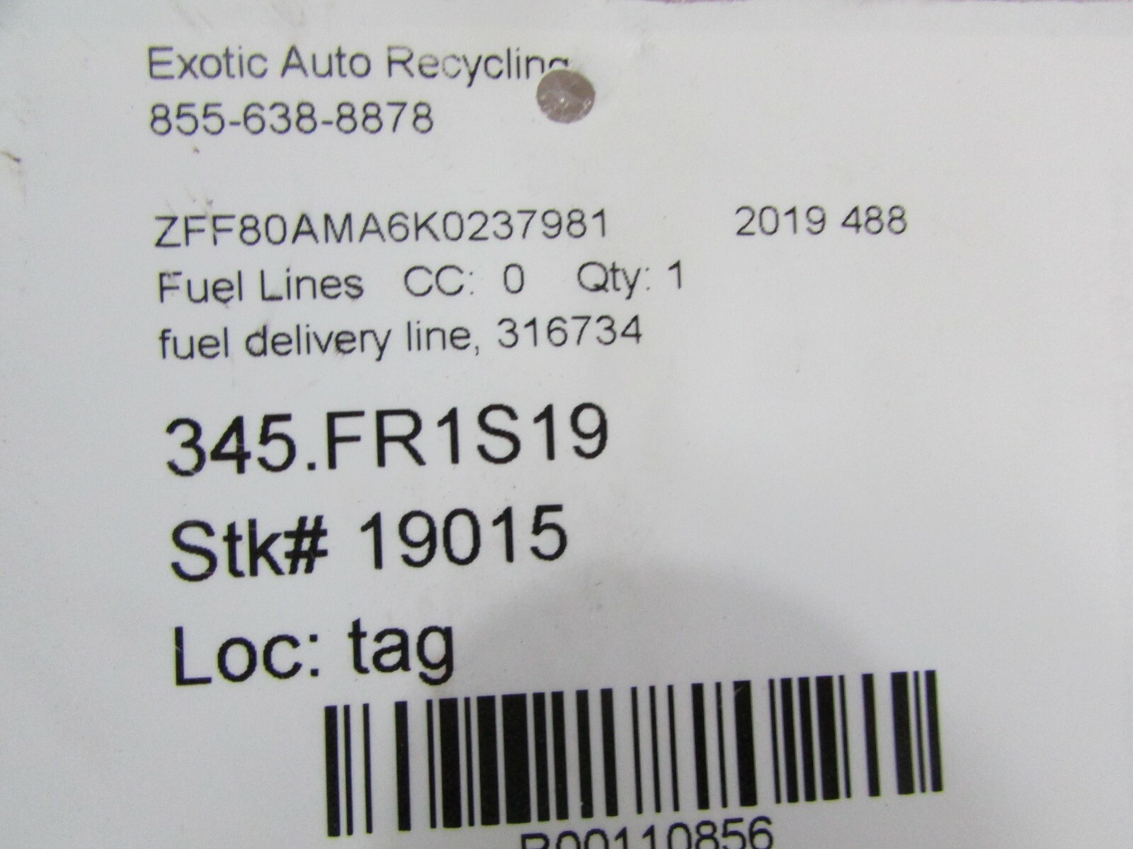Ferrari 488, Fuel Delivery Line, Use, P/N 316734