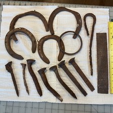 Lot Rusted Antique Metal Spikes Horseshoes Hook Ring Vintage Forged Rusty Iron